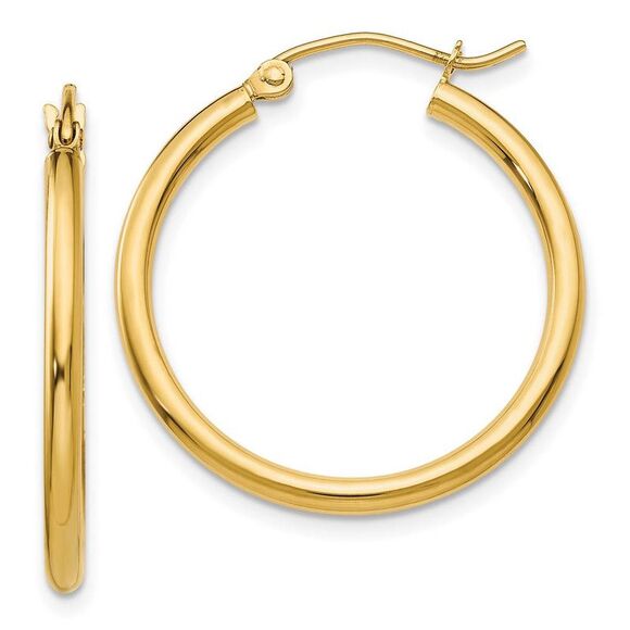2mm x 25mm 14k Yellow Gold Classic Round Hoop Earrings - Picture 1 of 5